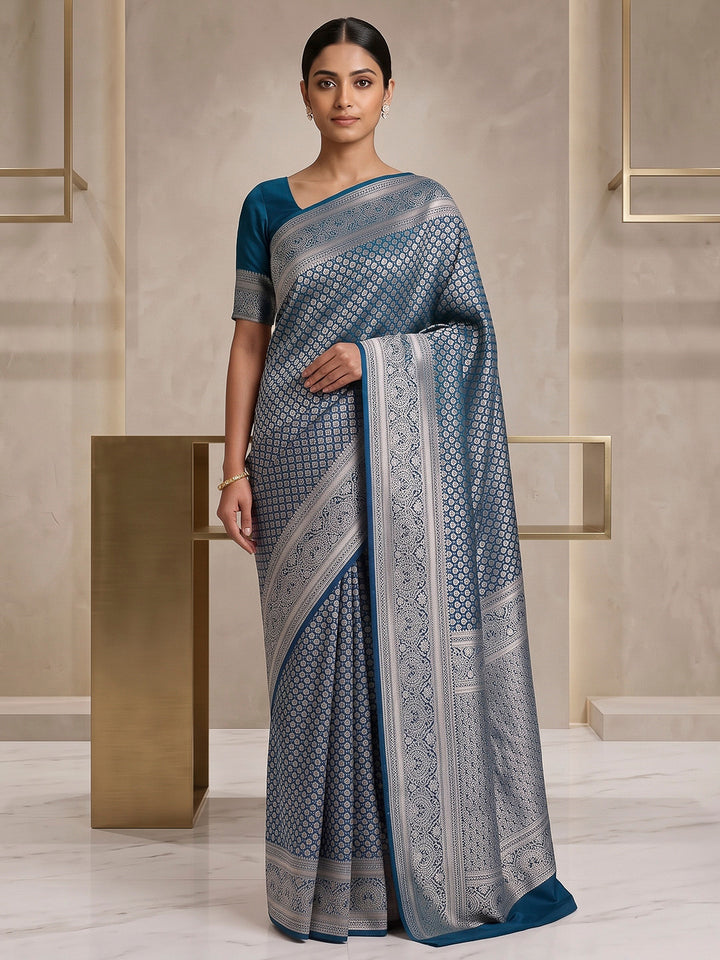 Peacock-Blue Art Silk Woven Saree