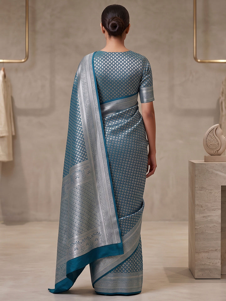 Peacock-Blue Art Silk Woven Saree