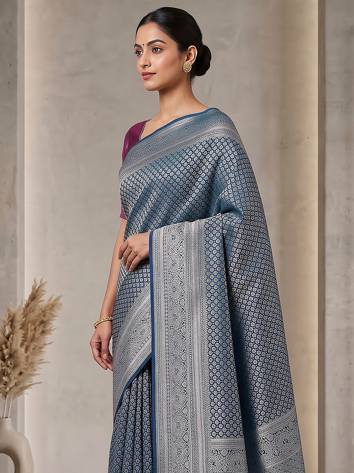 Peacock-Blue Art Silk Woven Saree
