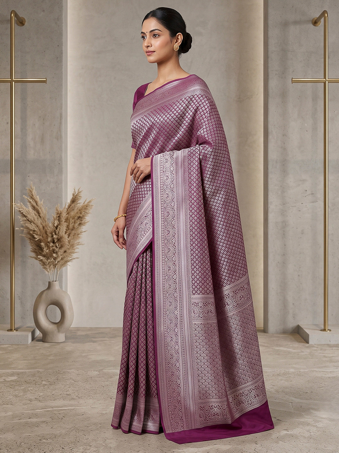 Wine Art Silk Woven Saree