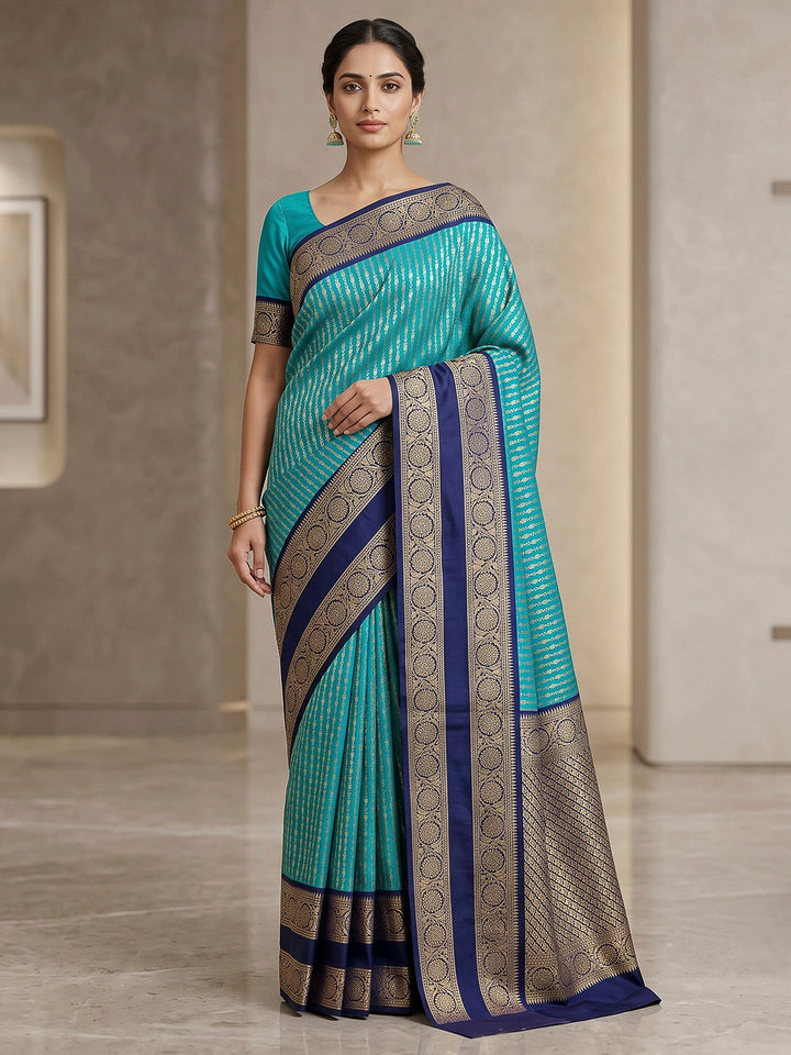 Aqua Blue-Navy Art Silk Woven Saree