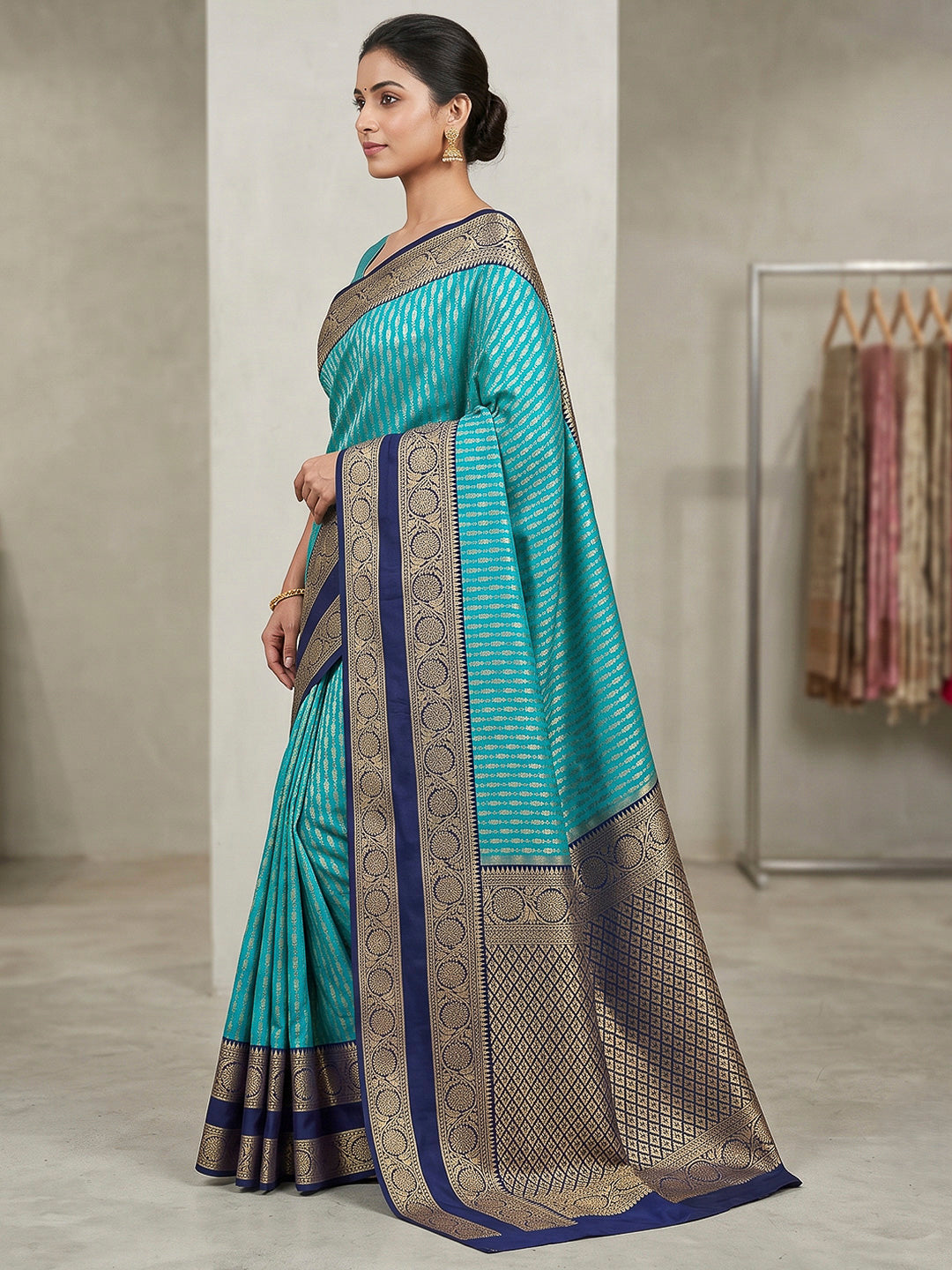 Aqua Blue-Navy Art Silk Woven Saree