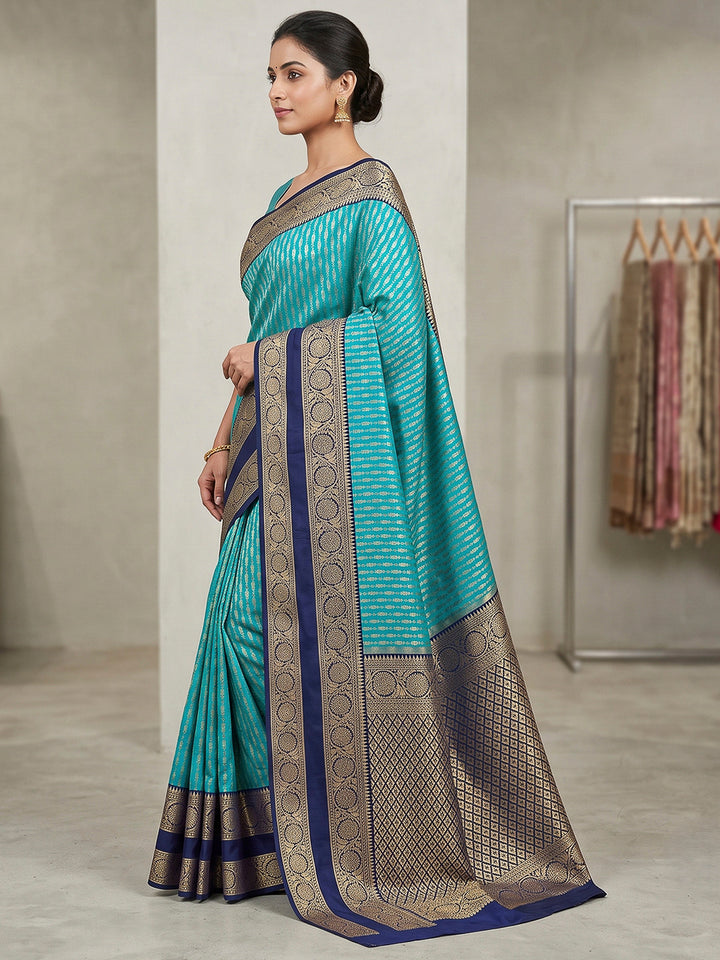 Aqua Blue-Navy Art Silk Woven Saree
