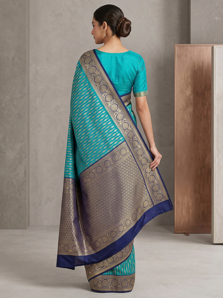 Aqua Blue-Navy Art Silk Woven Saree