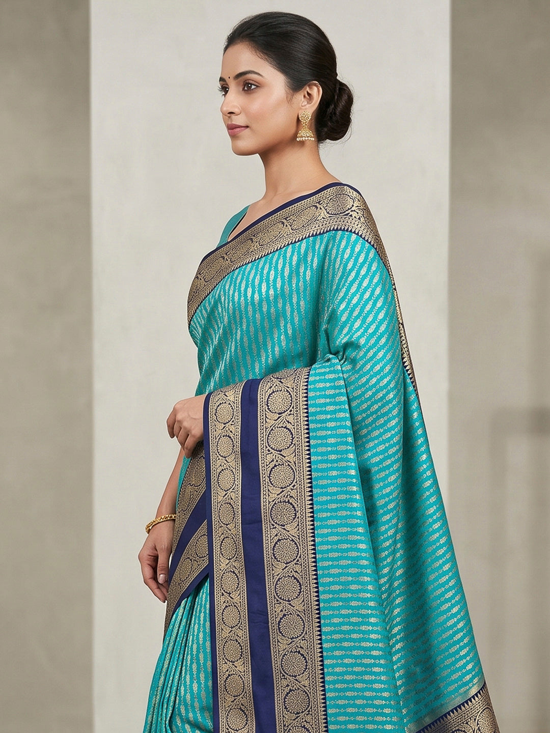 Aqua Blue-Navy Art Silk Woven Saree