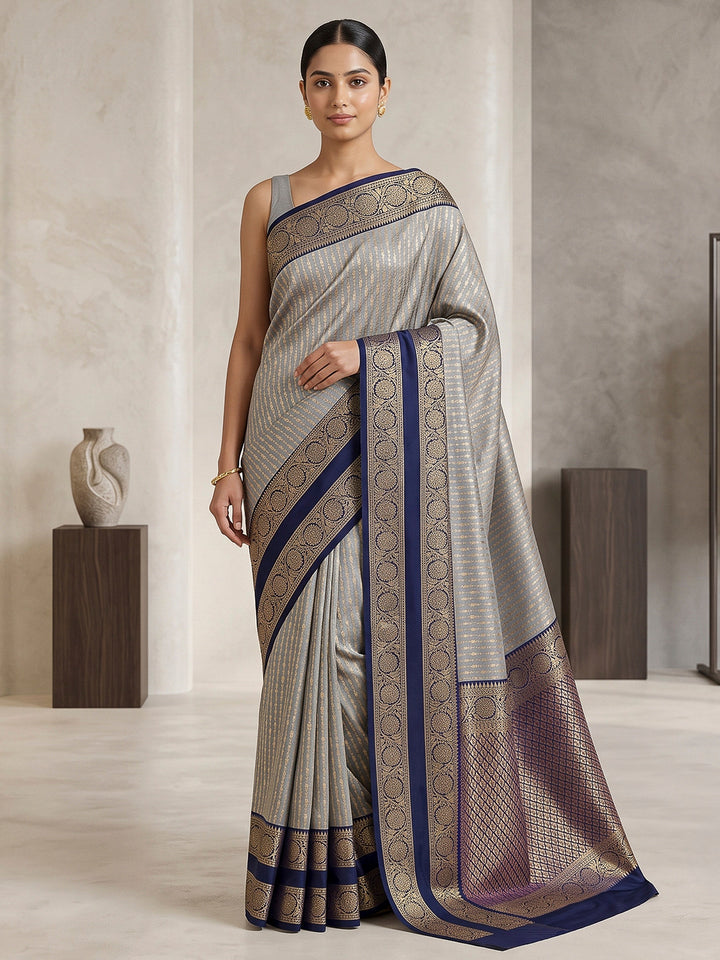 Grey-Navy Art Silk Woven Saree