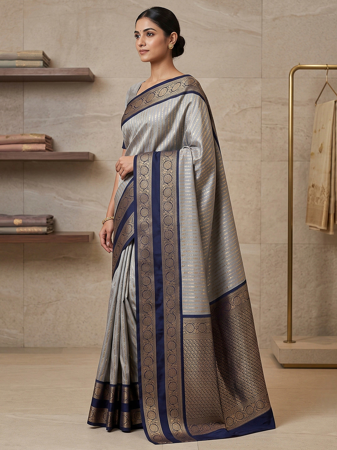 Grey-Navy Art Silk Woven Saree