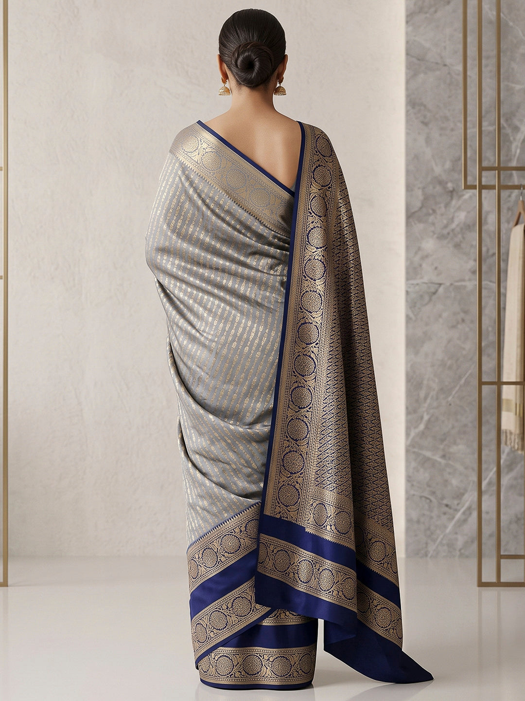 Grey-Navy Art Silk Woven Saree