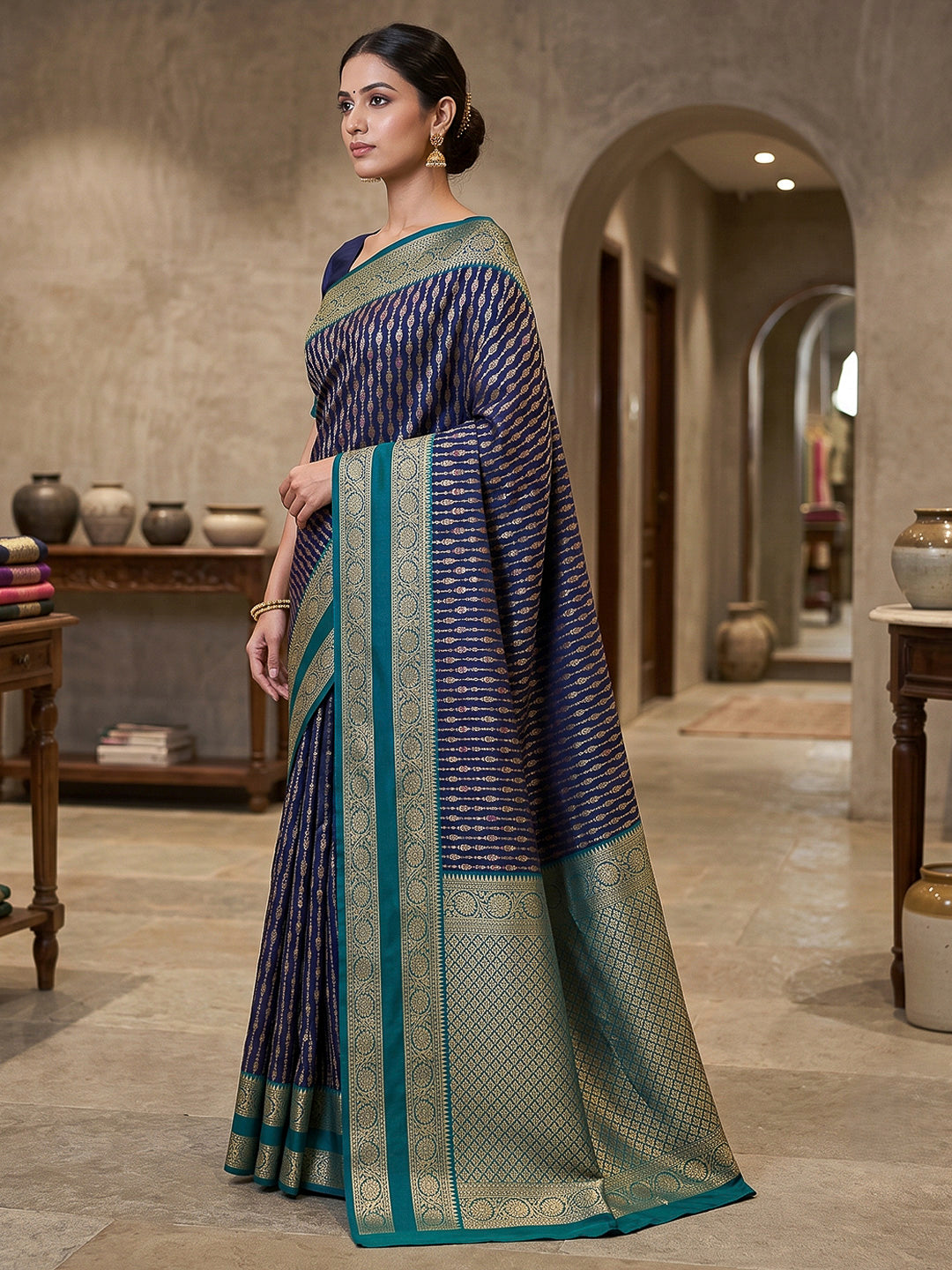 Navy Blue Art Silk Woven Saree