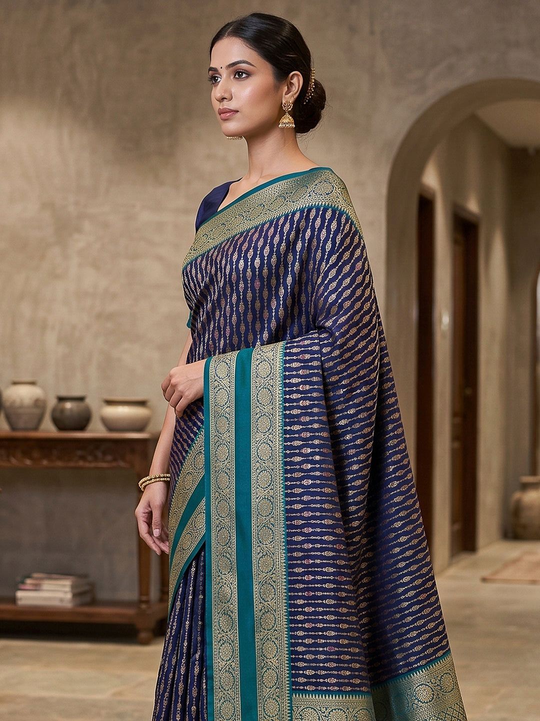 Navy Blue Art Silk Woven Saree