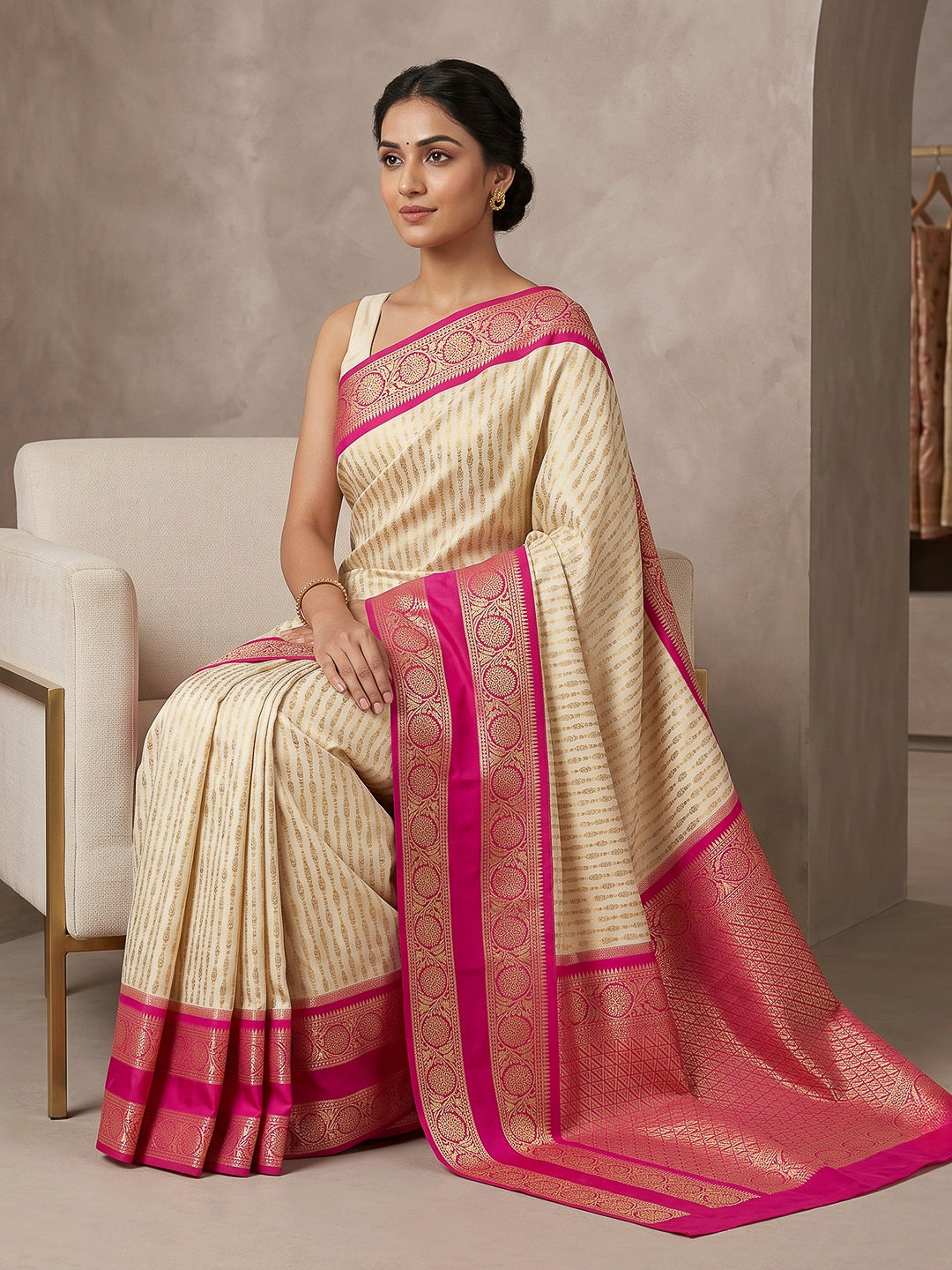 Off White-Rani Art Silk Woven Saree