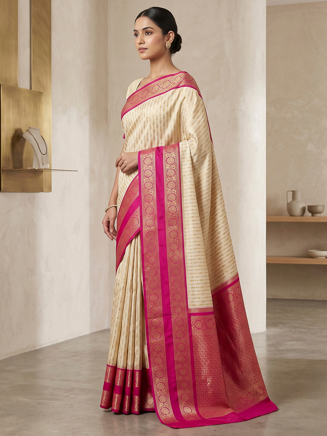 Off White-Rani Art Silk Woven Saree