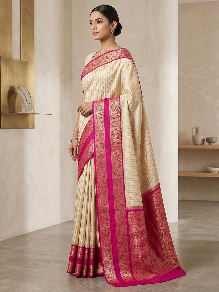 Off White-Rani Art Silk Woven Saree