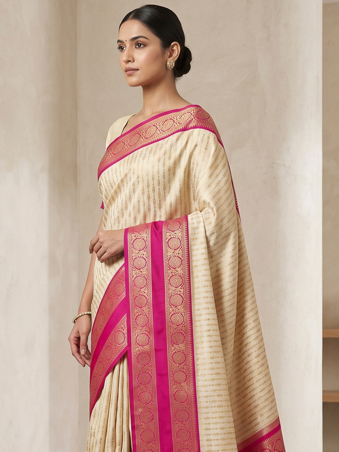 Off White-Rani Art Silk Woven Saree