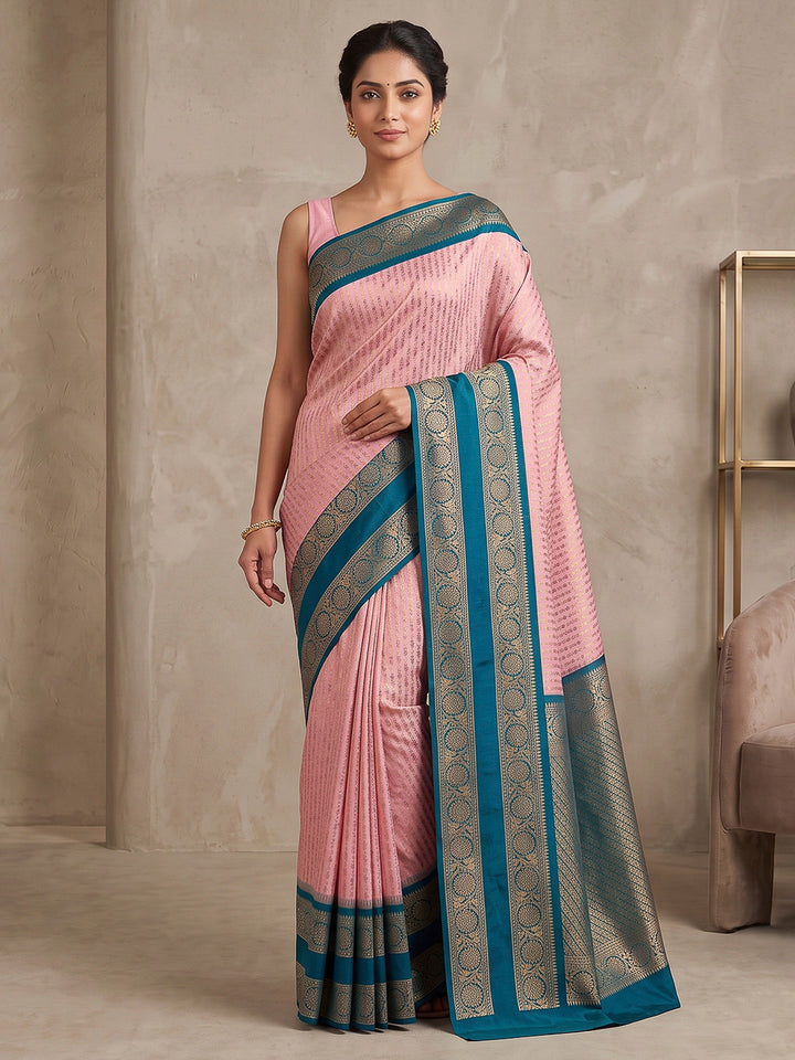Pink-Blue Art Silk Woven Saree