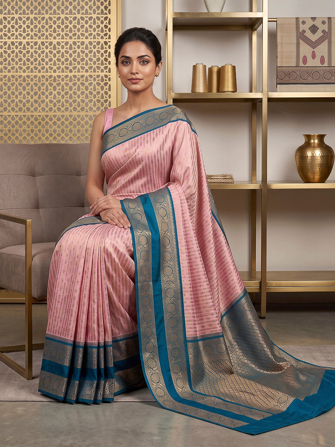 Pink-Blue Art Silk Woven Saree