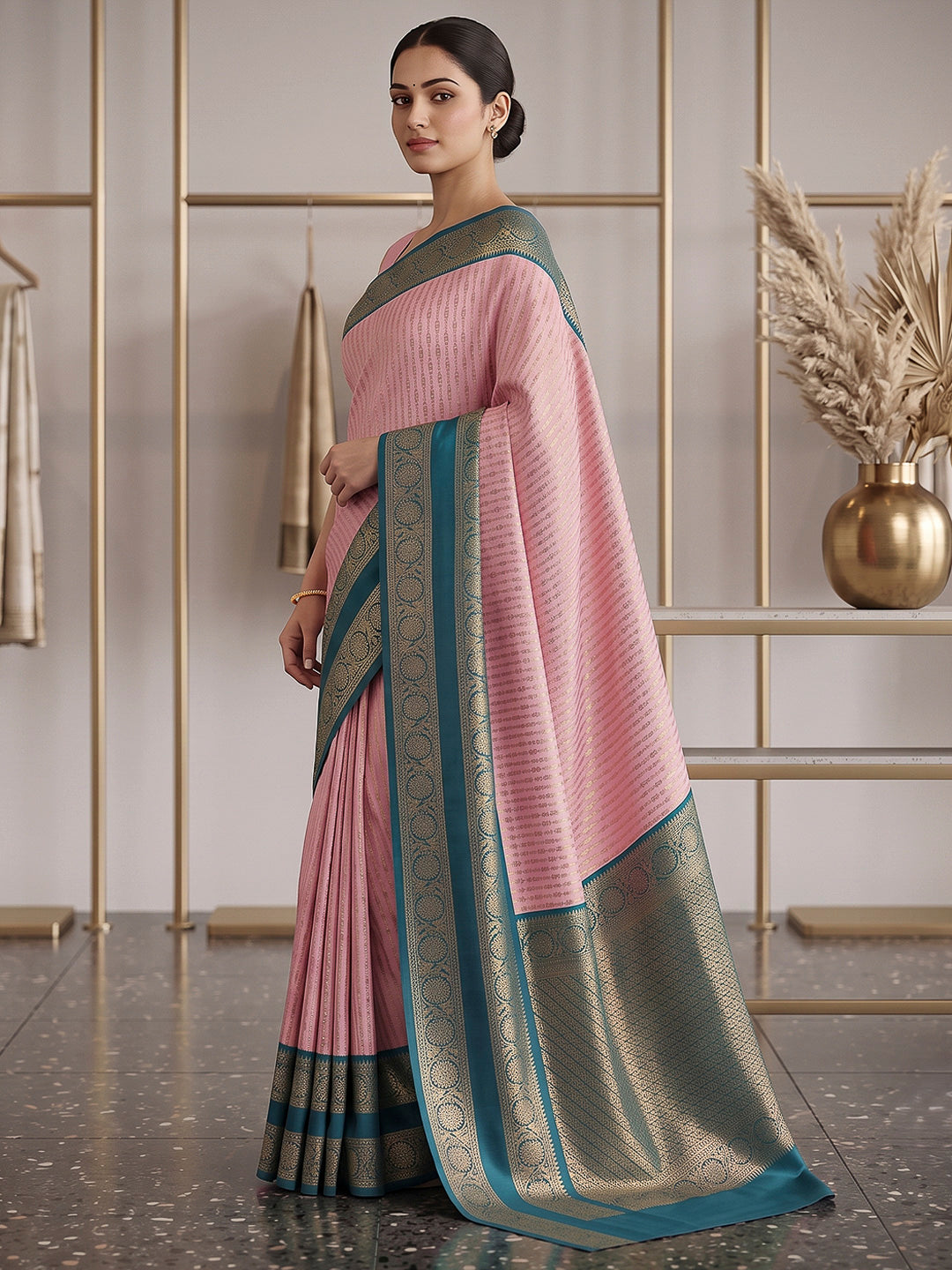 Pink-Blue Art Silk Woven Saree