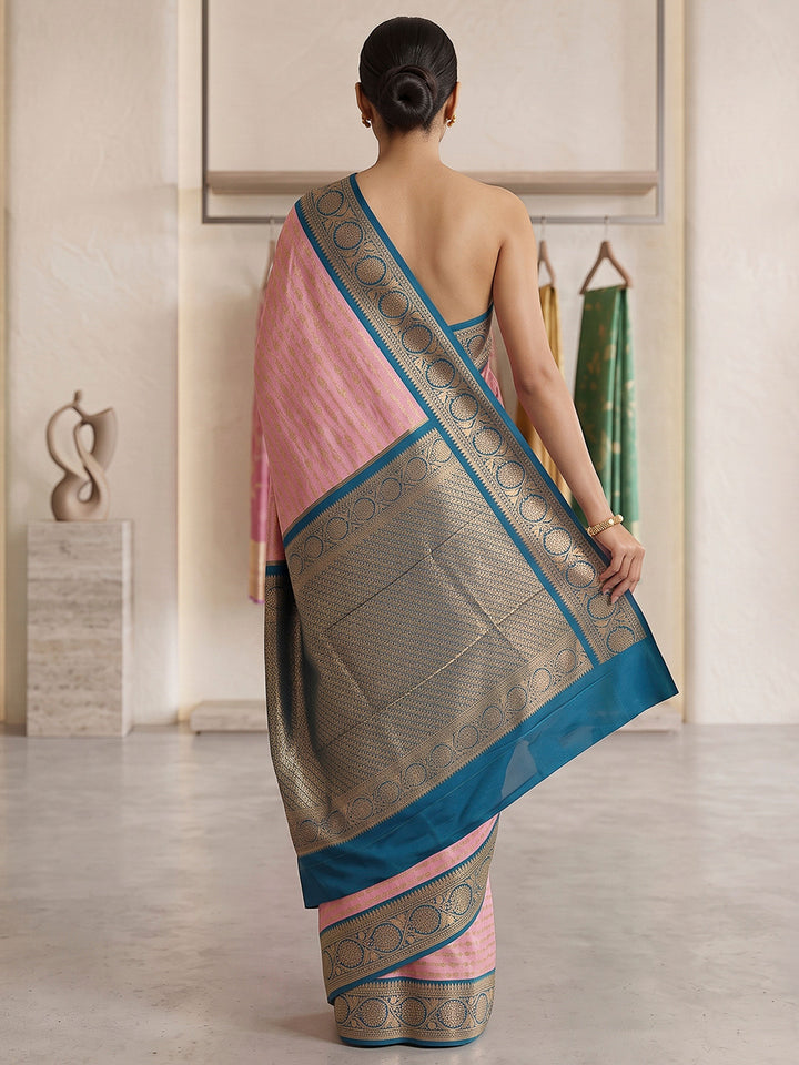 Pink-Blue Art Silk Woven Saree