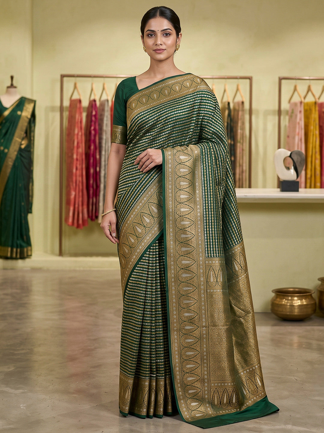 Bottle Green Art Silk Woven Saree