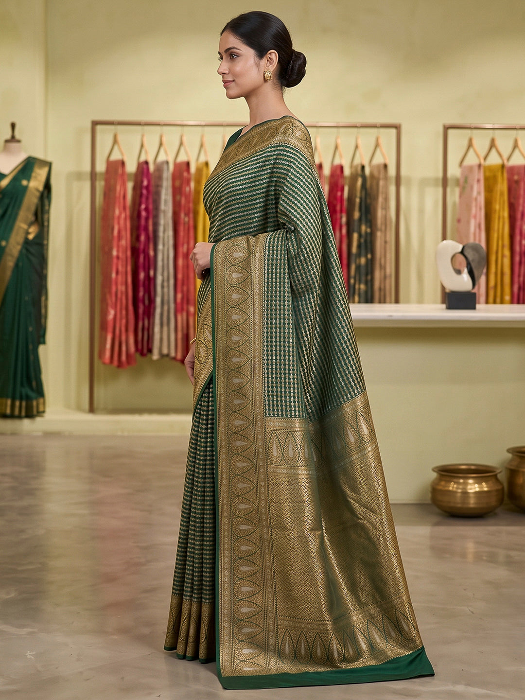 Bottle Green Art Silk Woven Saree