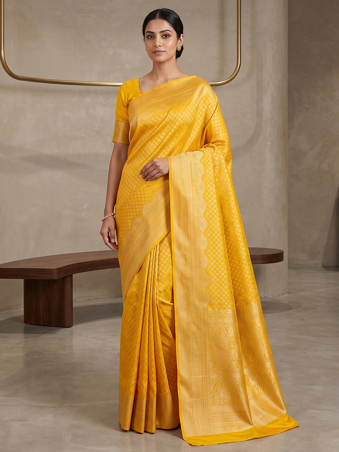 Yellow Art Silk Woven Saree