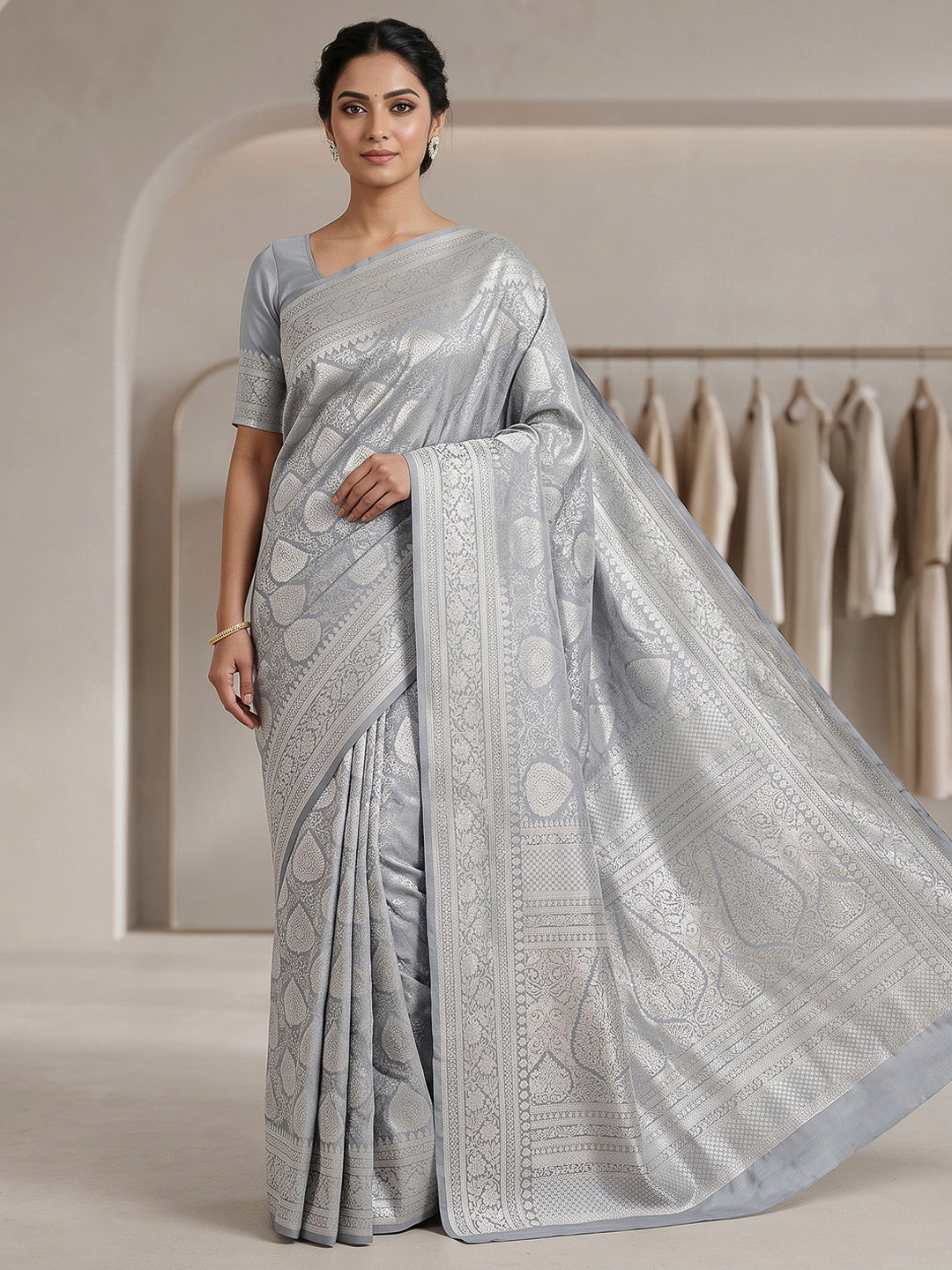 Grey Art Silk Woven Saree