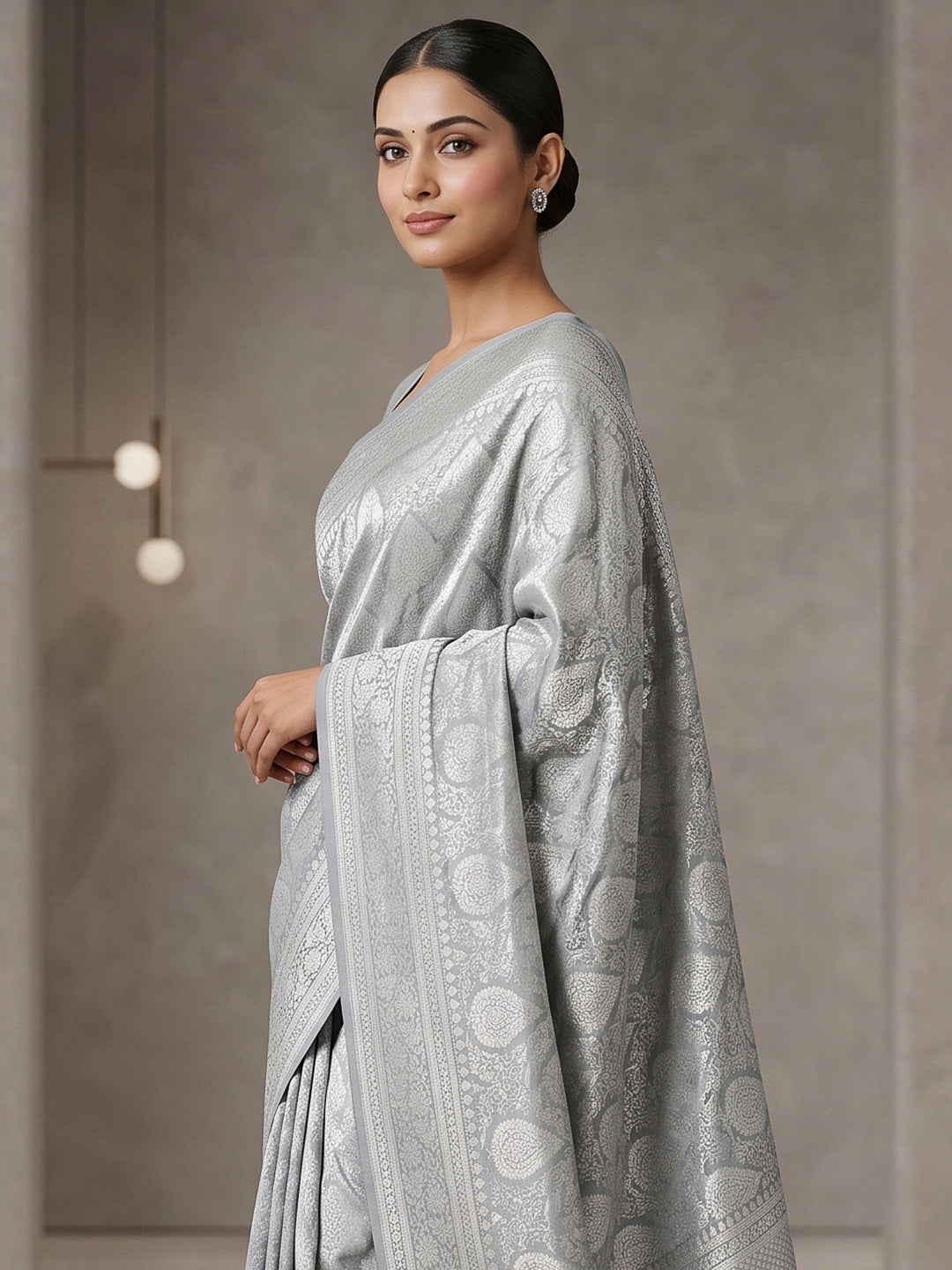 Grey Art Silk Woven Saree