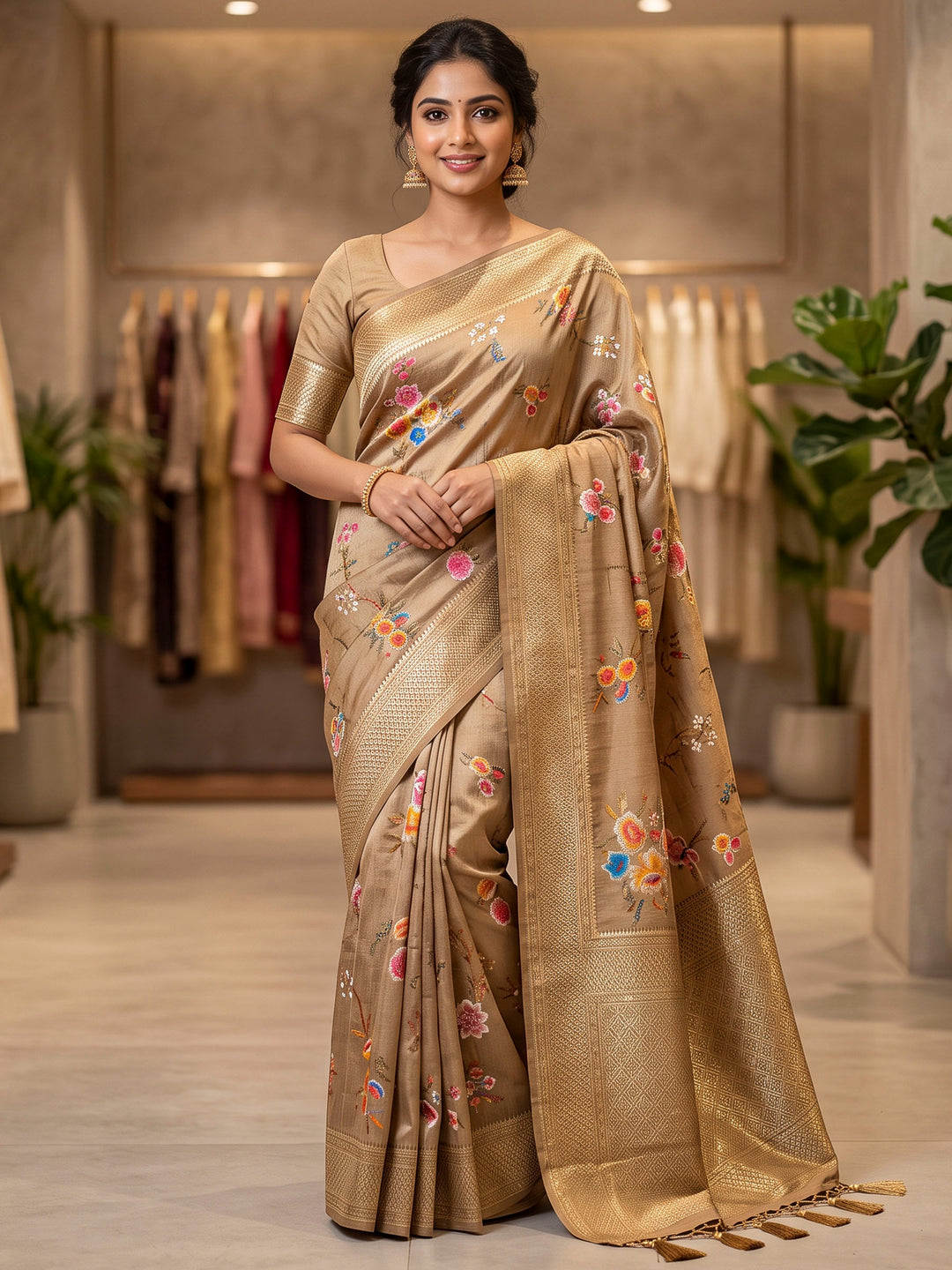 Beige Art Silk Woven Saree
