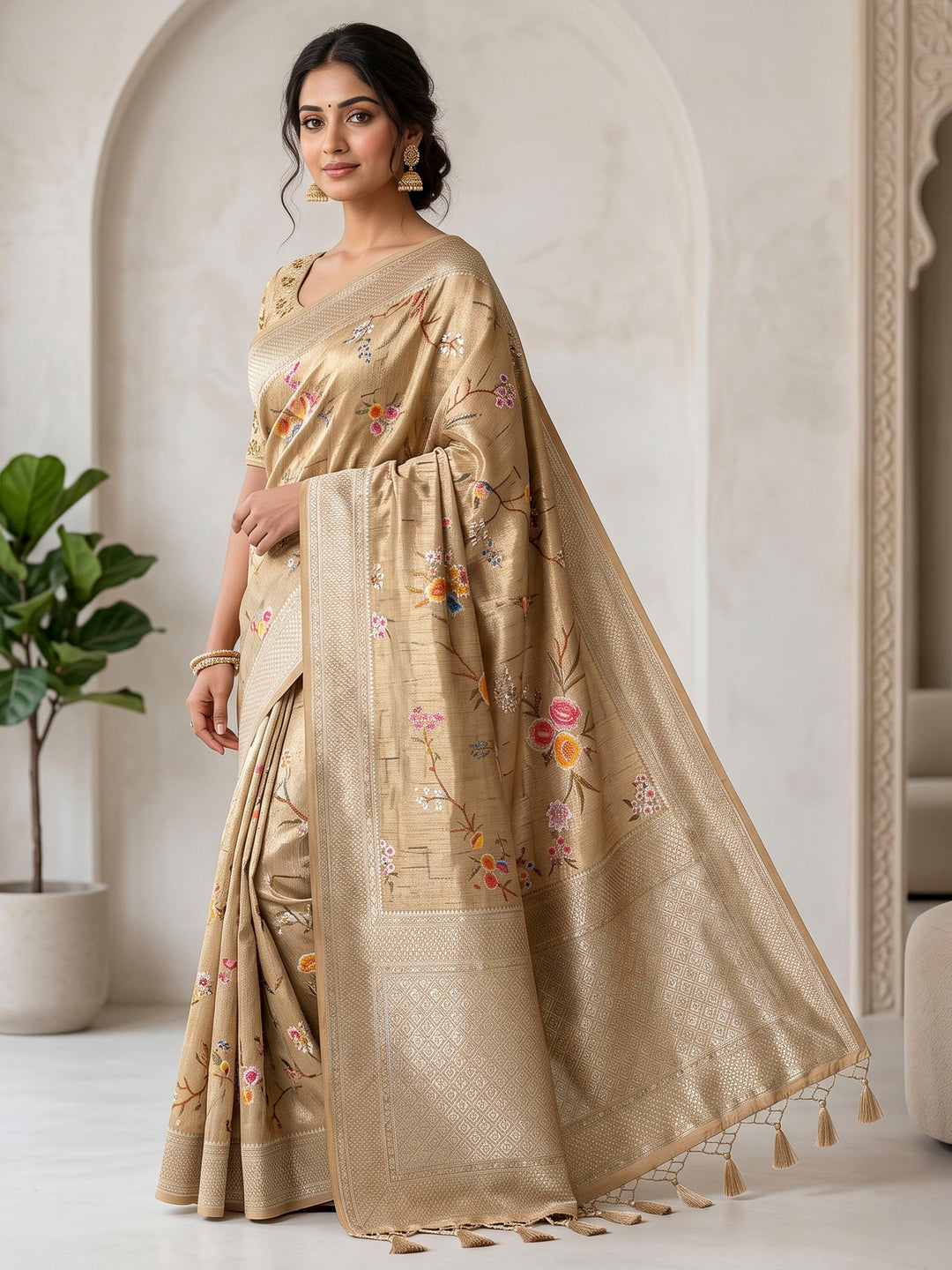 Beige Art Silk Woven Saree