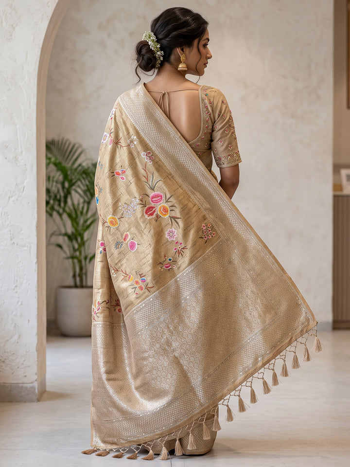 Beige Art Silk Woven Saree
