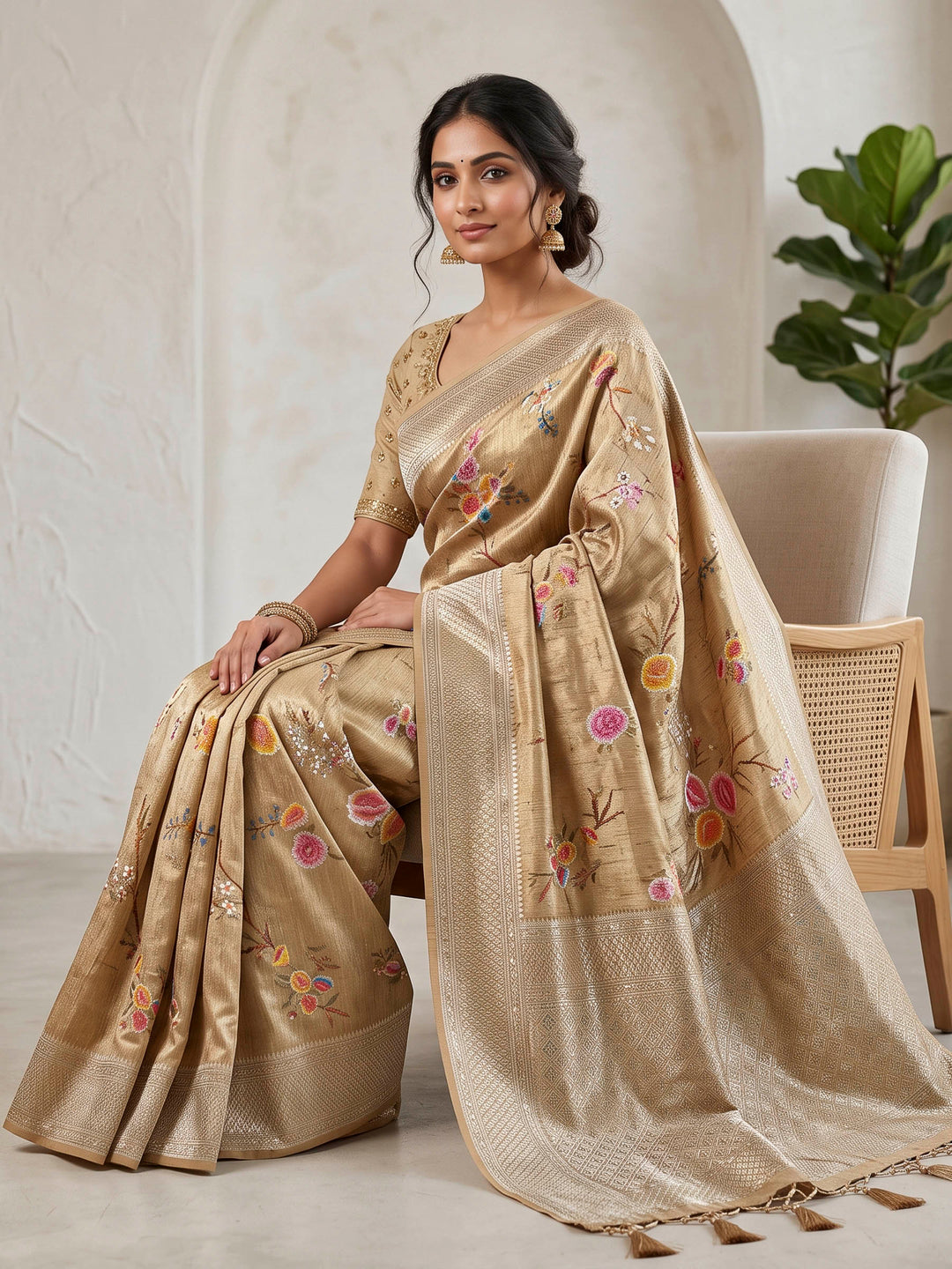 Beige Art Silk Woven Saree