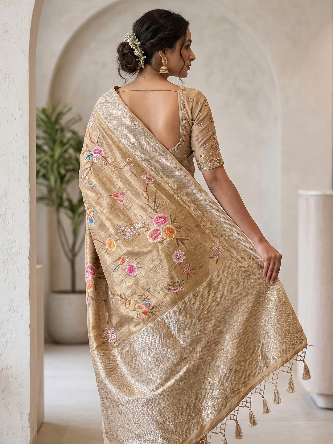 Beige Art Silk Woven Saree