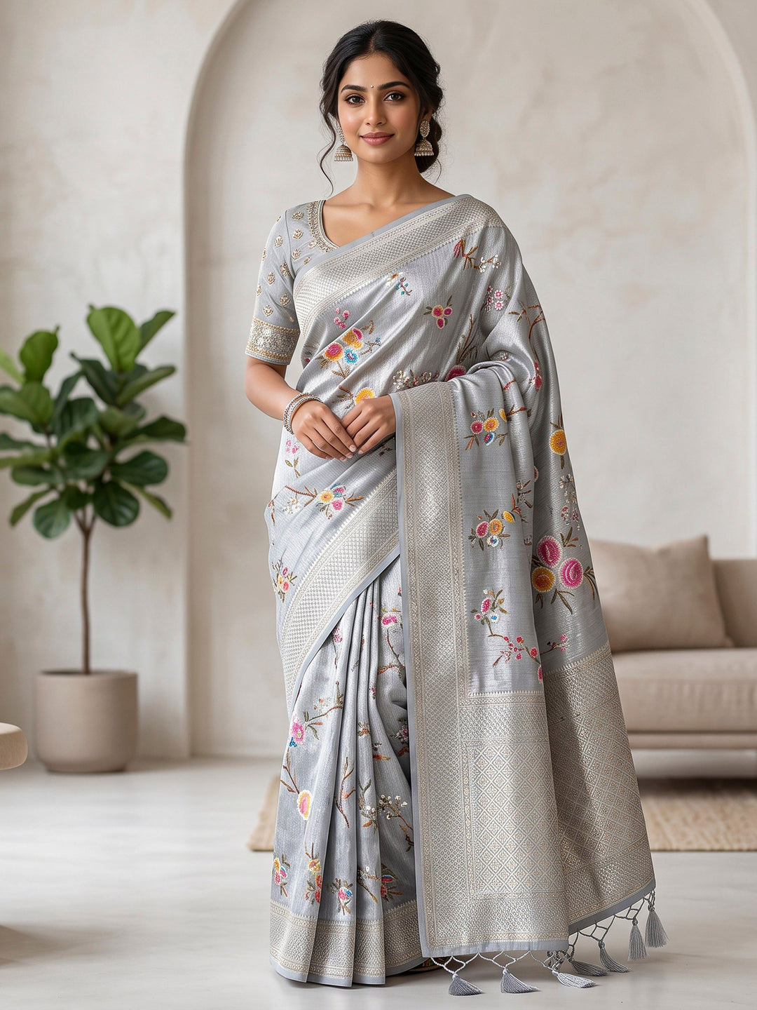 Grey Art Silk Woven Saree