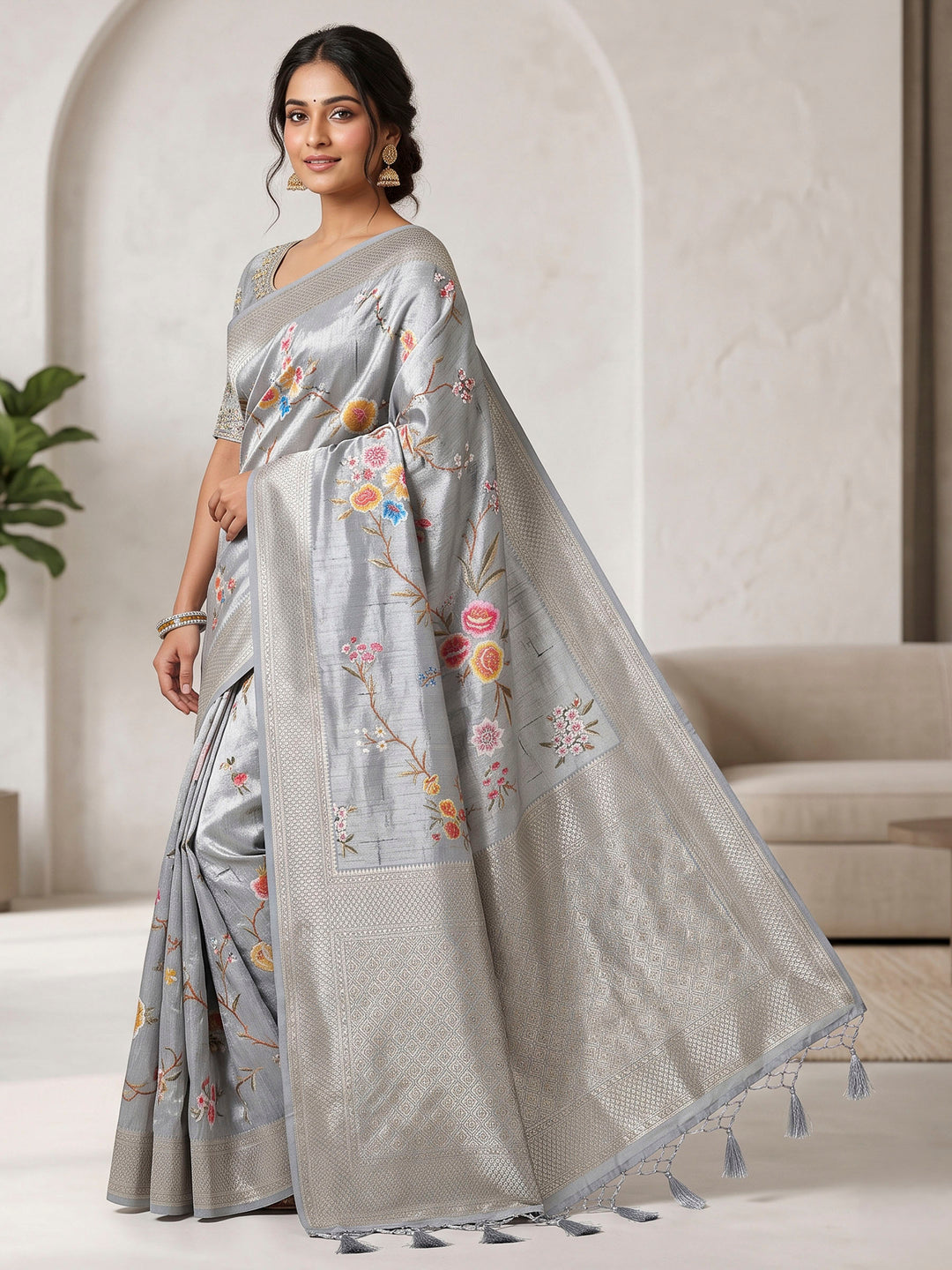 Grey Art Silk Woven Saree