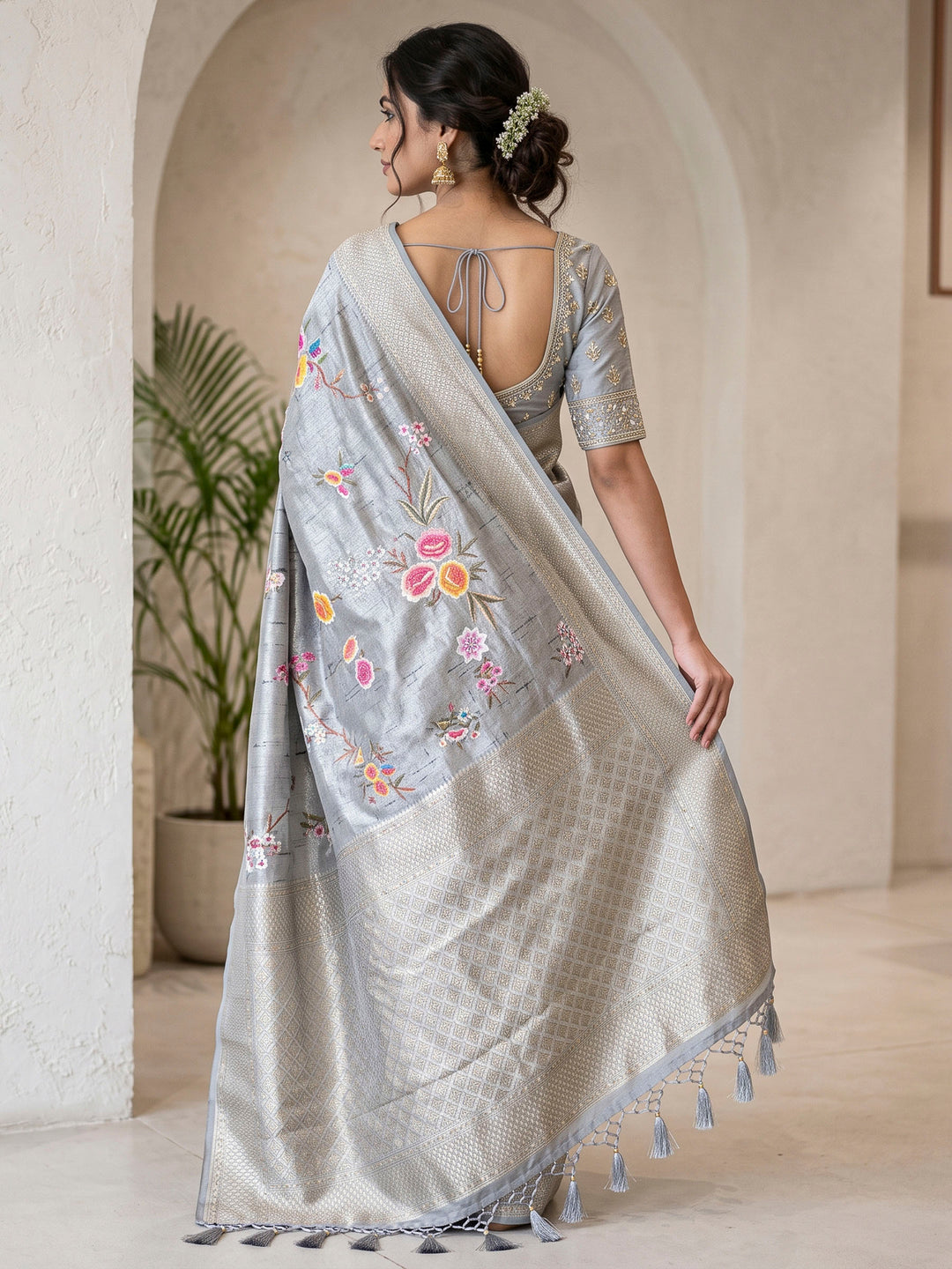 Grey Art Silk Woven Saree