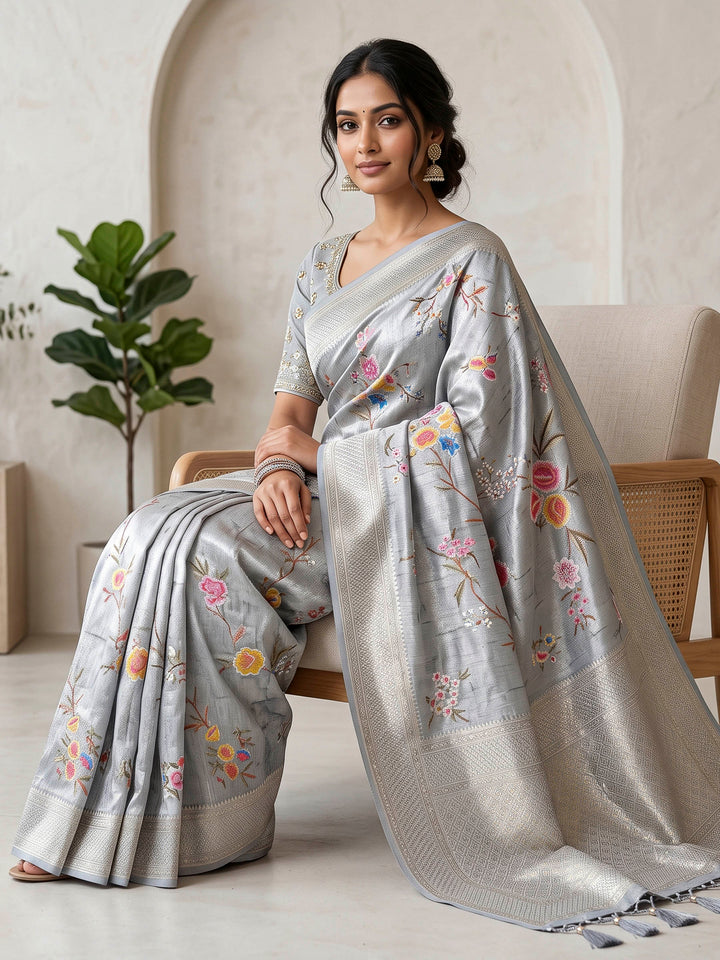Grey Art Silk Woven Saree