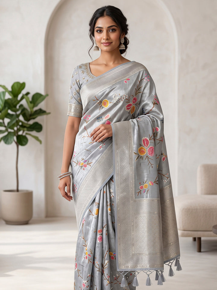 Grey Art Silk Woven Saree