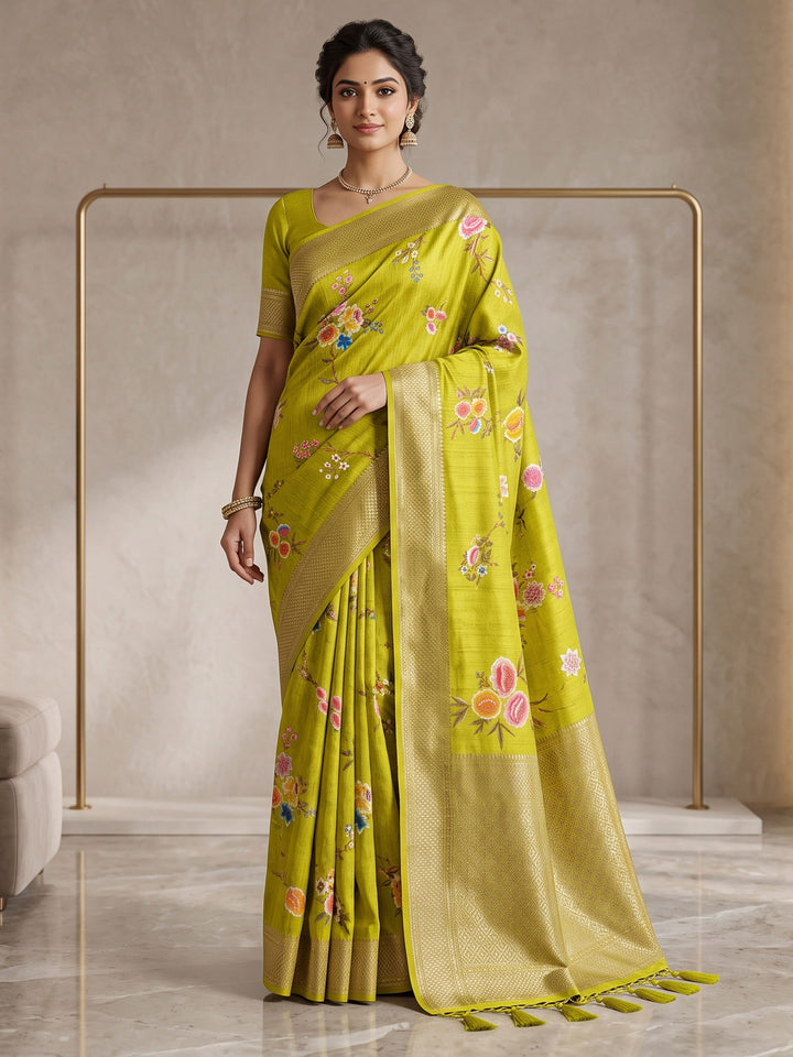 Olive Green Art Silk Woven Saree