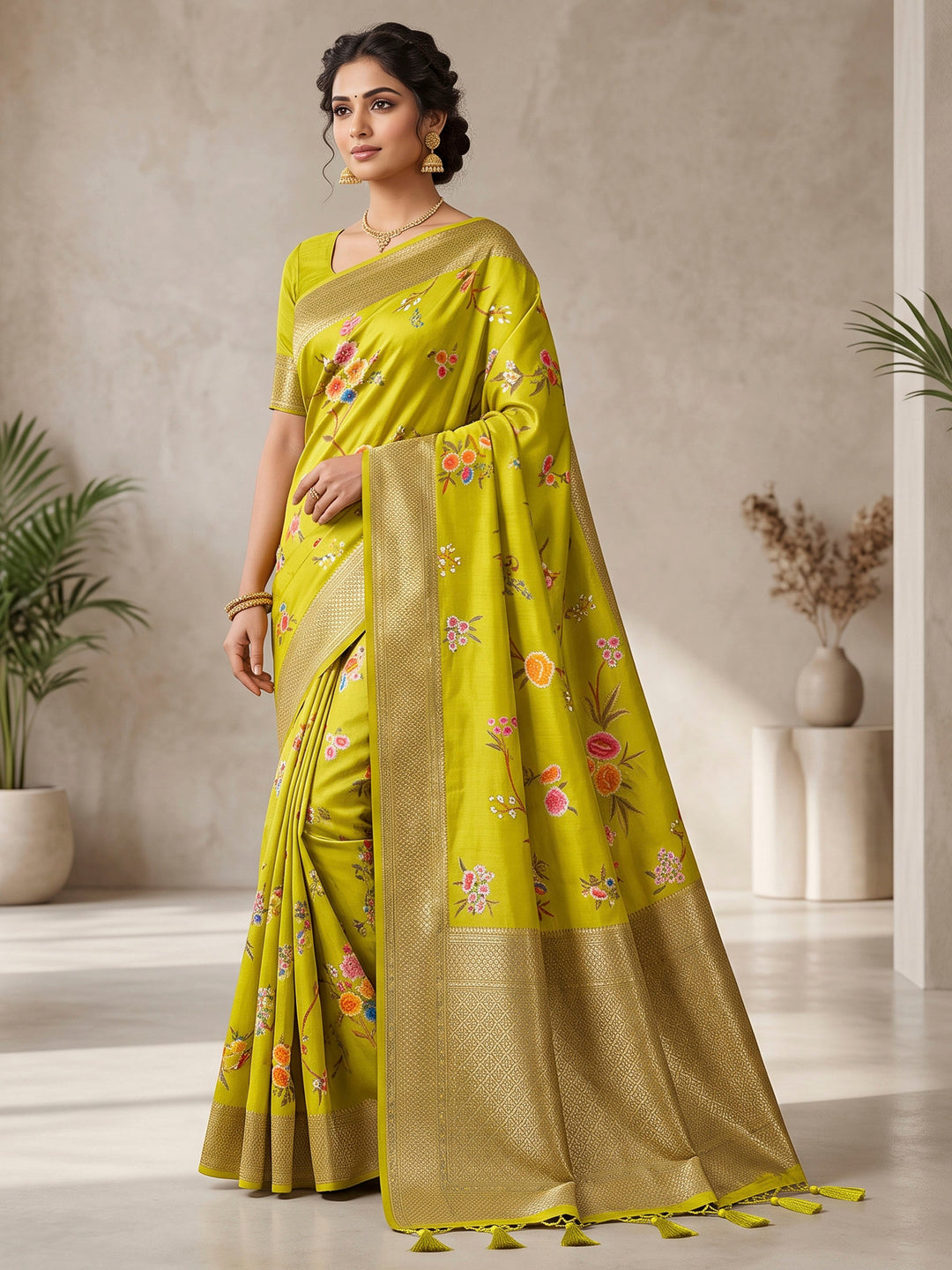 Olive Green Art Silk Woven Saree