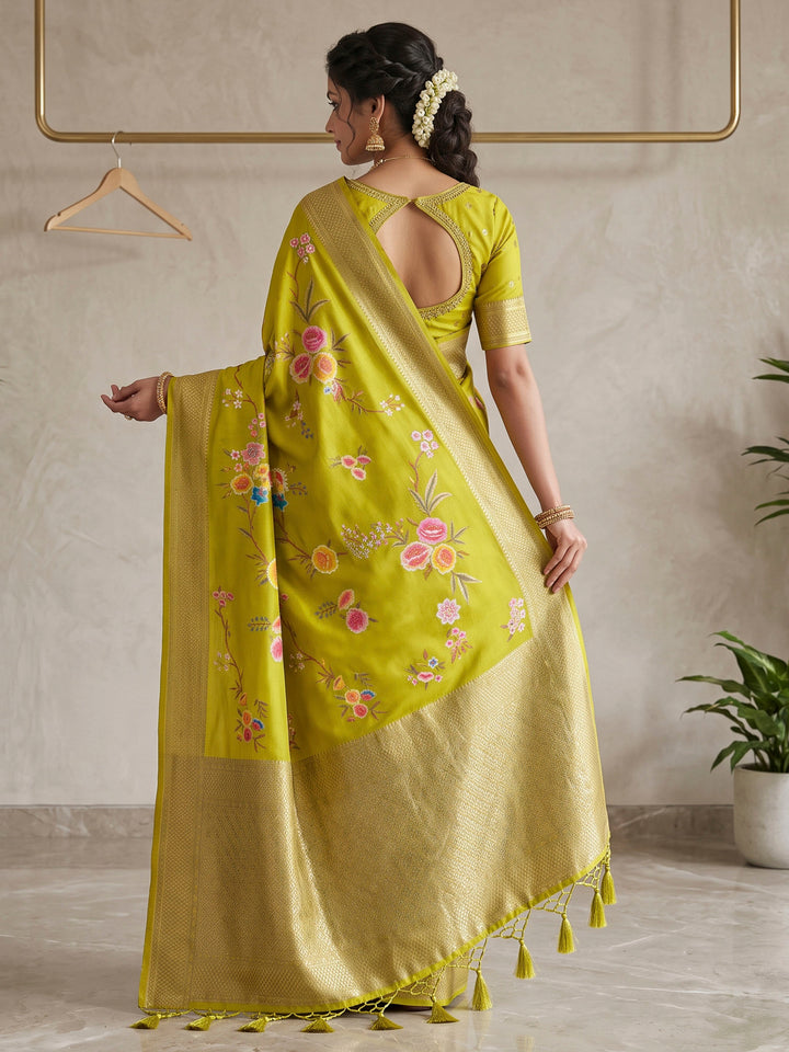Olive Green Art Silk Woven Saree