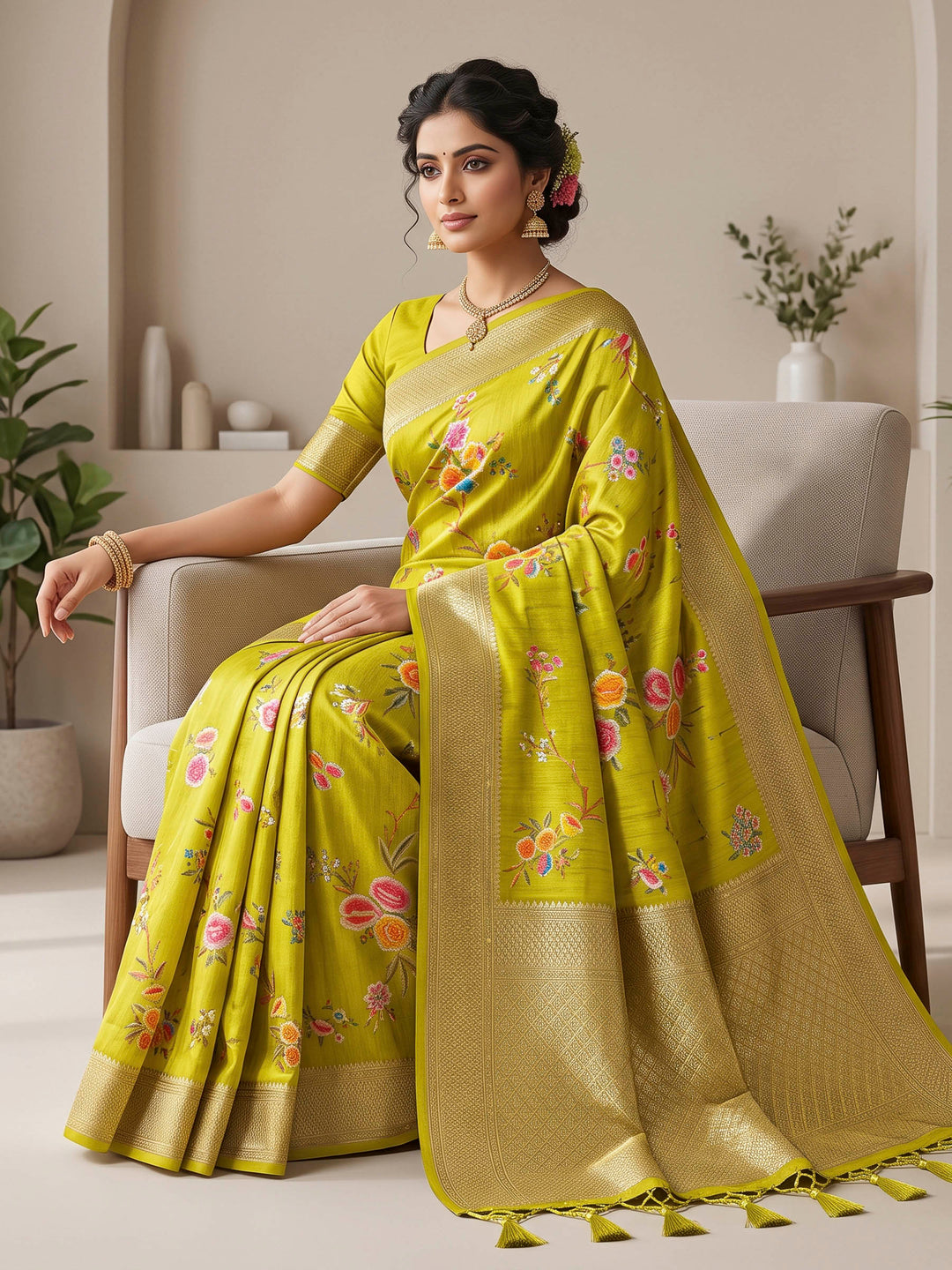 Olive Green Art Silk Woven Saree