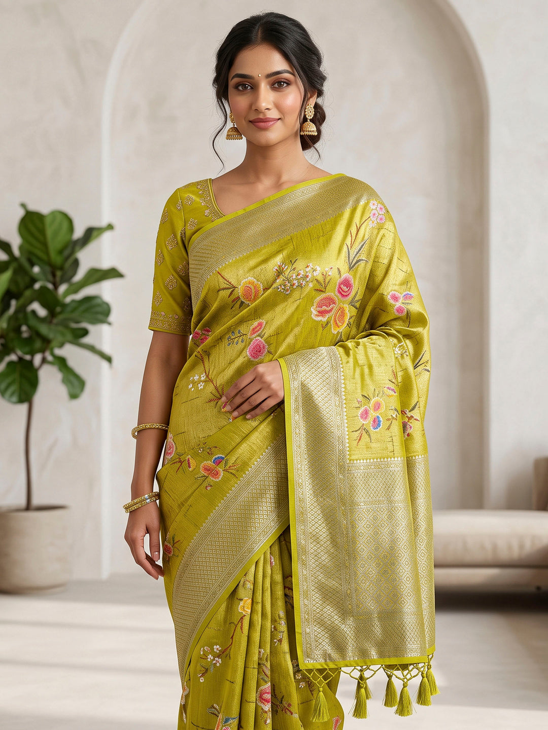 Olive Green Art Silk Woven Saree