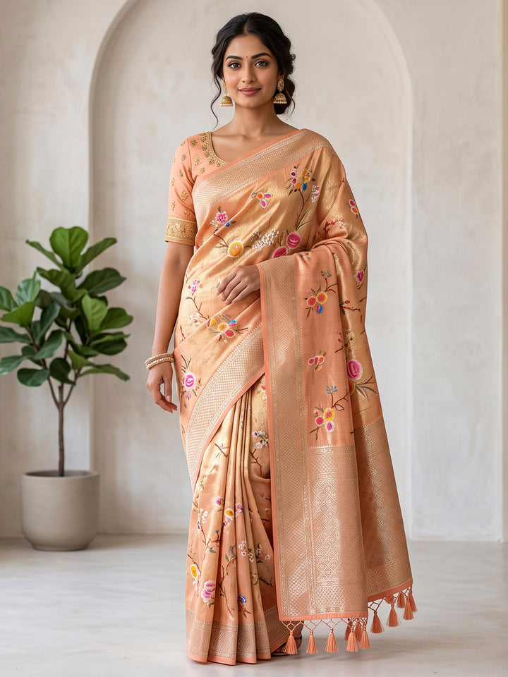 Peach Art Silk Woven Saree
