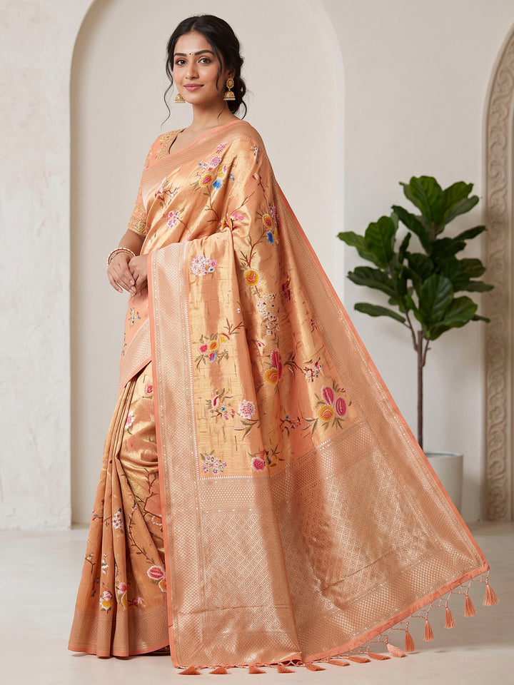 Peach Art Silk Woven Saree