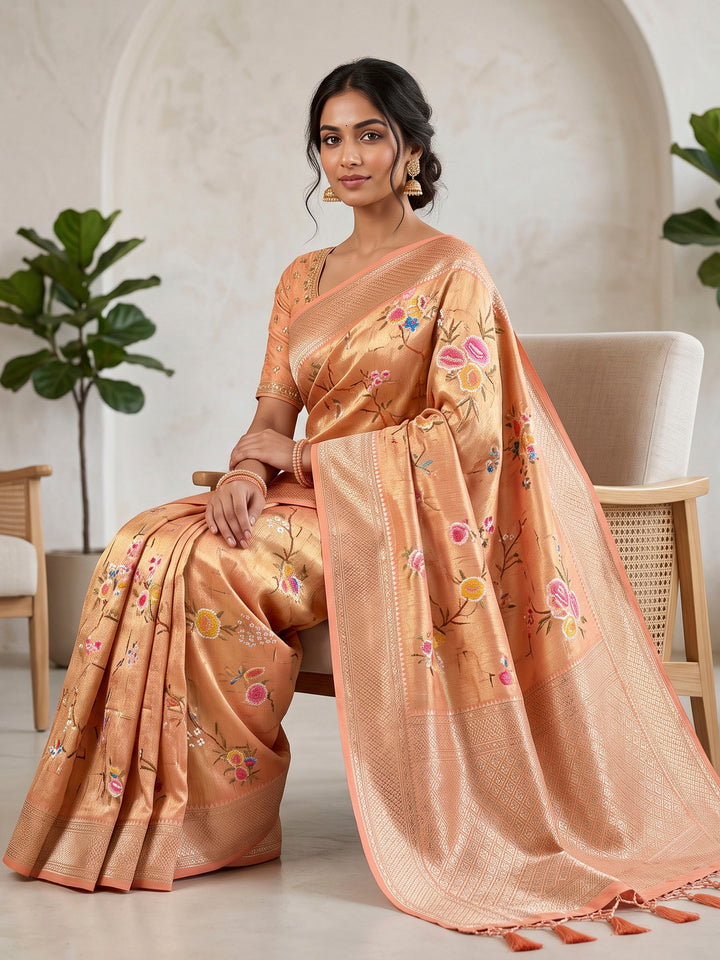 Peach Art Silk Woven Saree