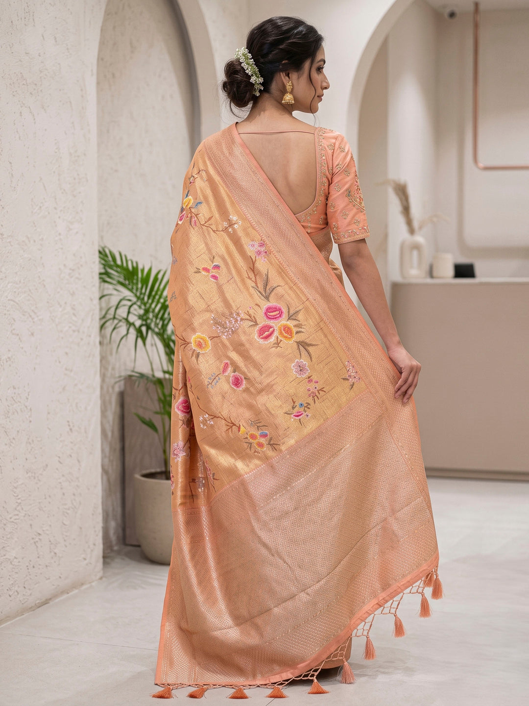 Peach Art Silk Woven Saree
