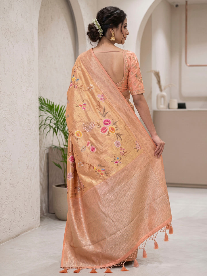 Peach Art Silk Woven Saree