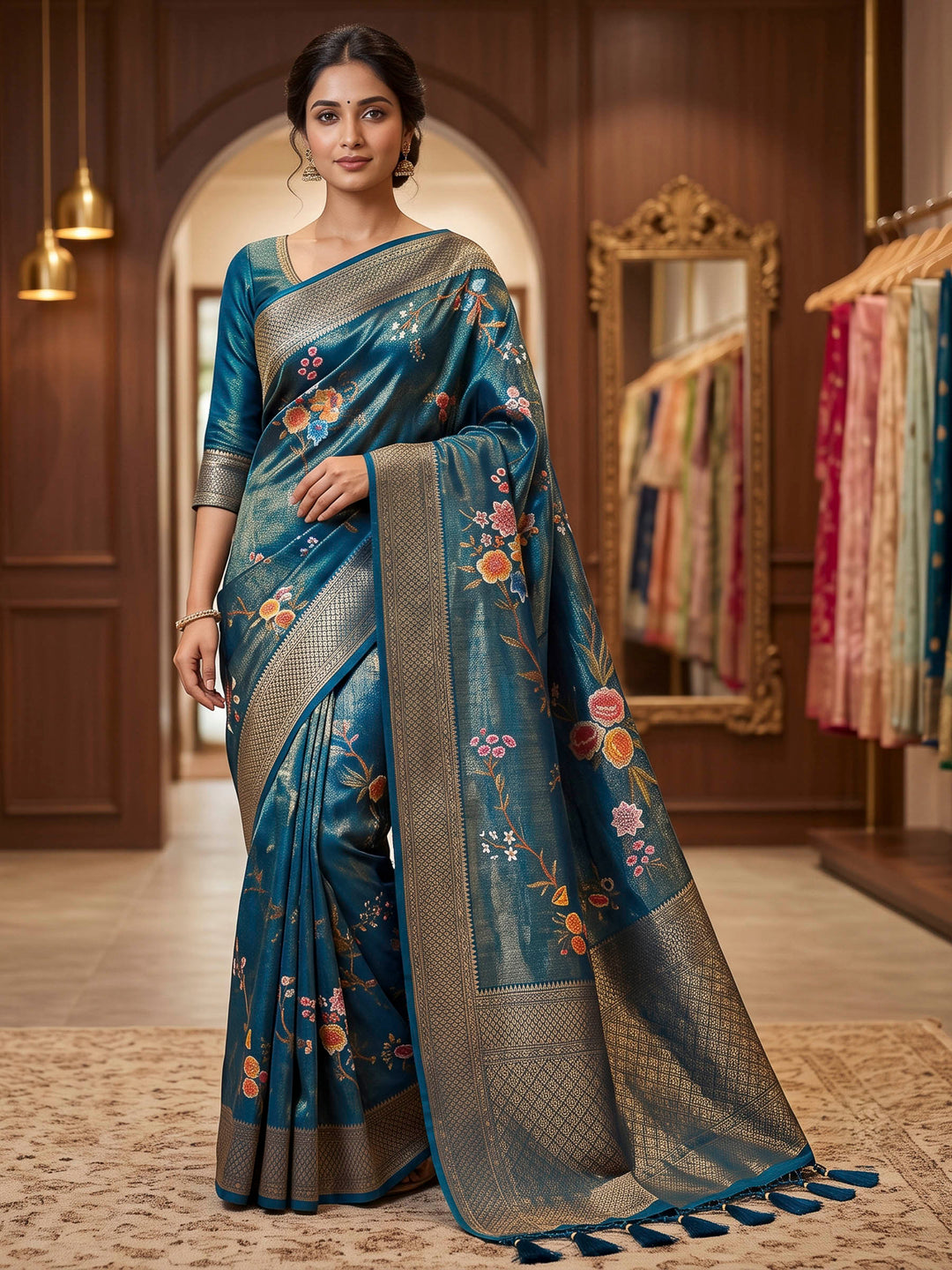 Peacock Blue Art Silk Woven Saree