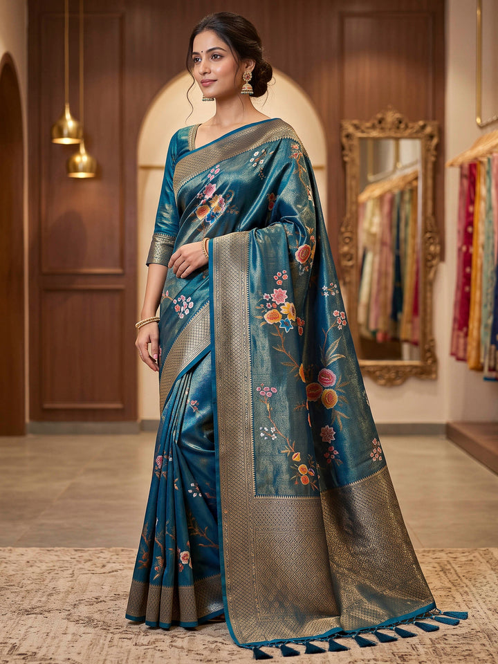 Peacock Blue Art Silk Woven Saree