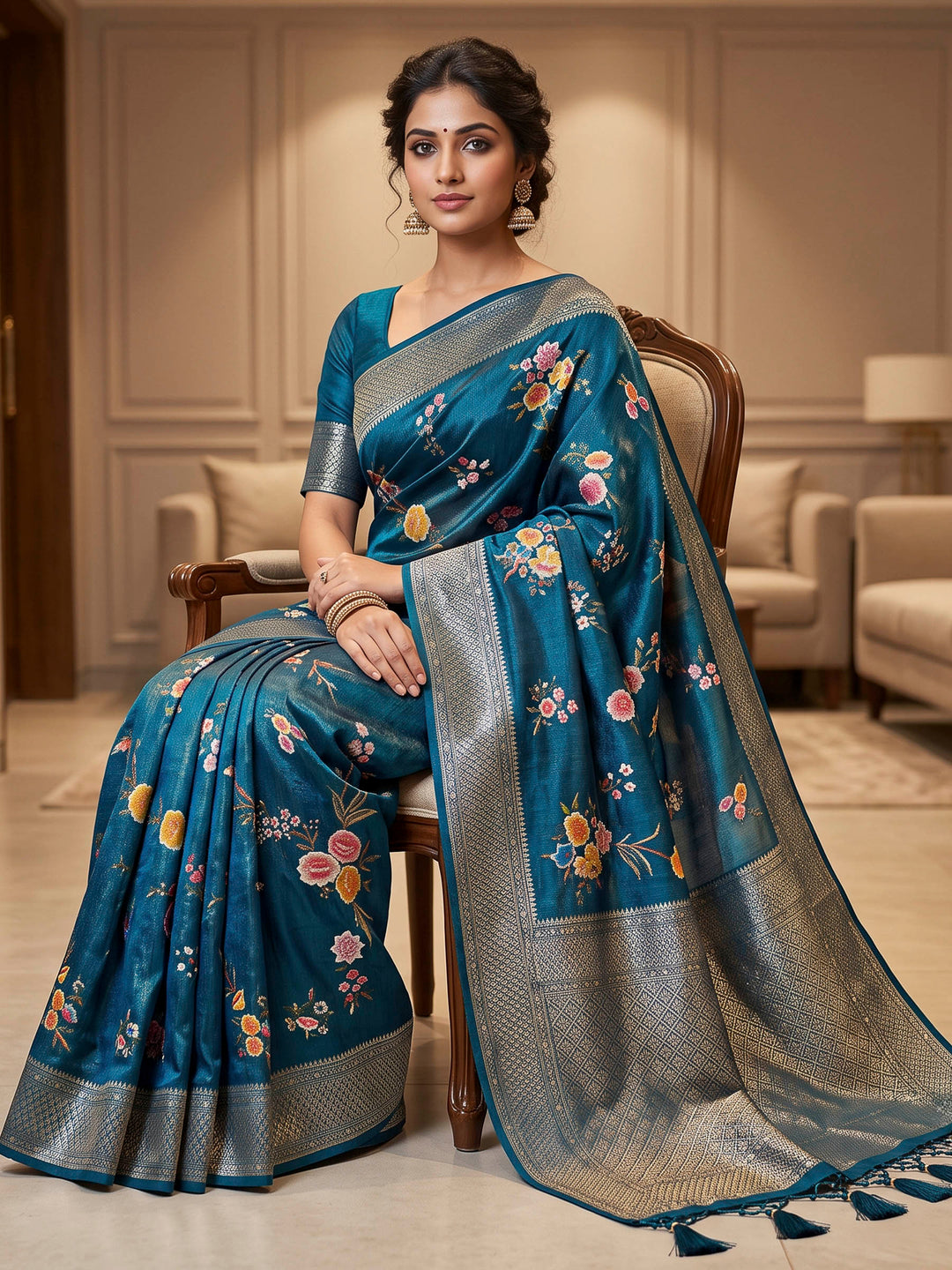 Peacock Blue Art Silk Woven Saree